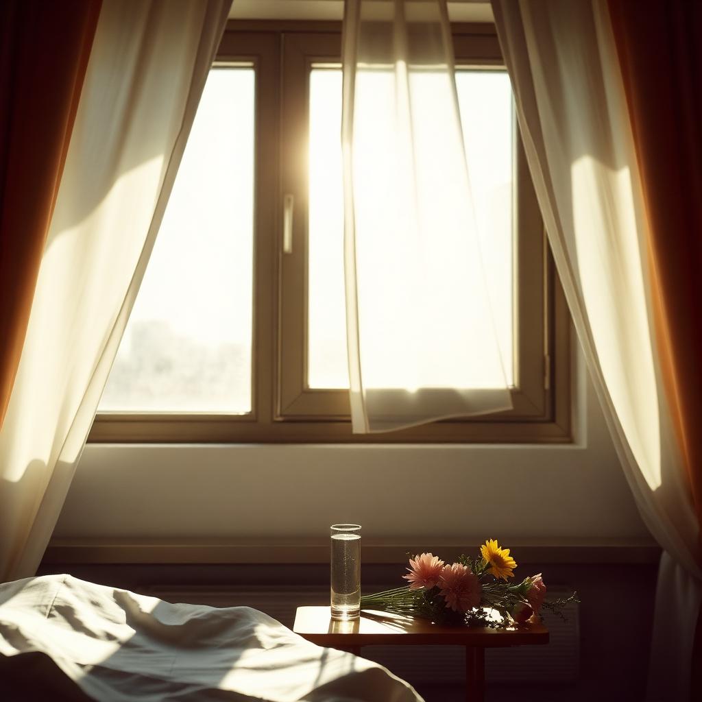Morgenlicht am Fenster mit Wasserglas und Blumen
