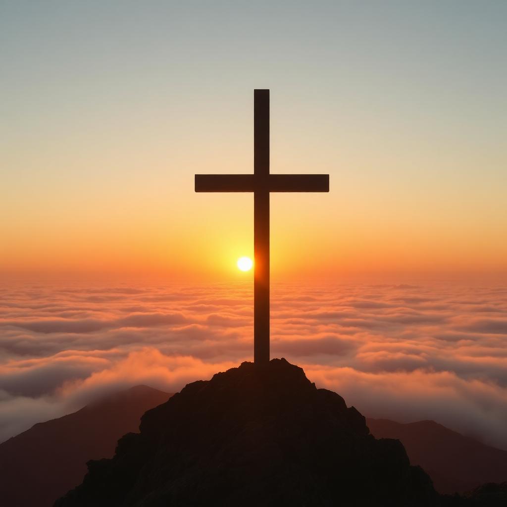 Gipfelkreuz über einem Wolkenmeer im Morgenrot